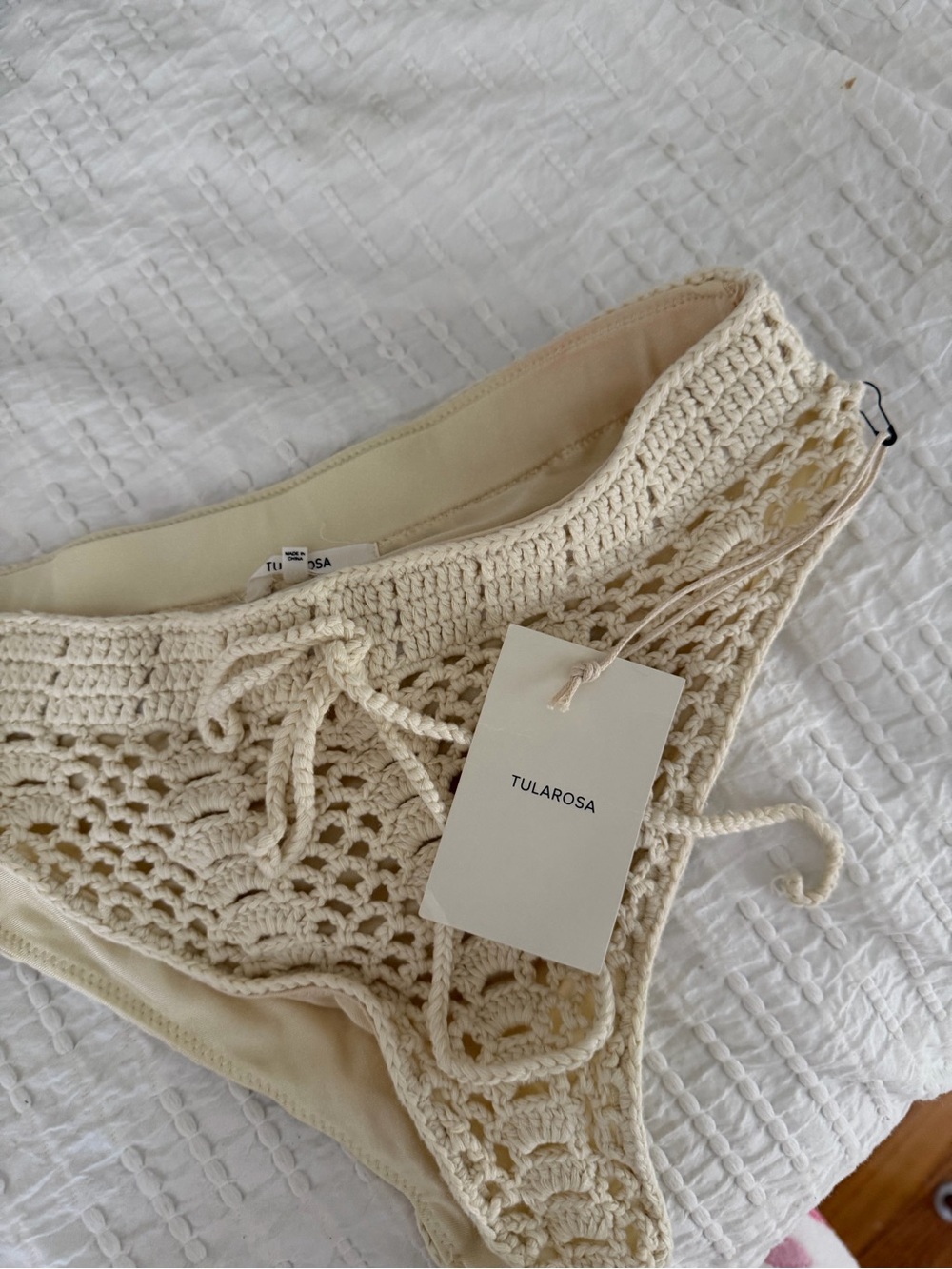 Tularosa Crochet High-Waist Bikini Bottoms in Cream